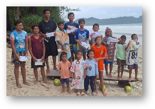 Island children on the beach holding up their certificates after the surf competition
